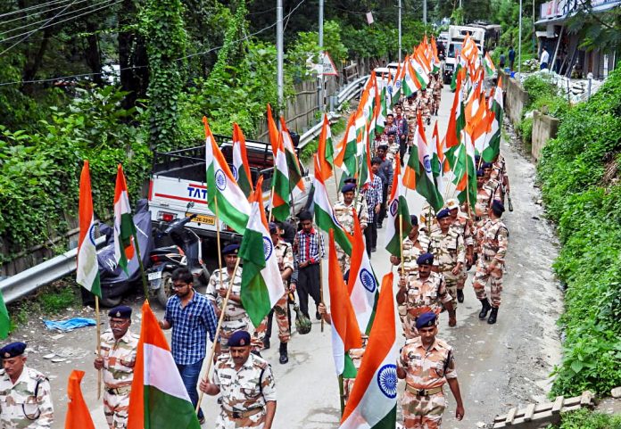 ITBP personnel and the students take part in the Tiranga Yatra Tibetian border police