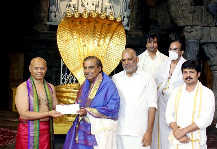 Mukesh Ambani donates Rs.1.5 crore to Tirupati Balaji temple