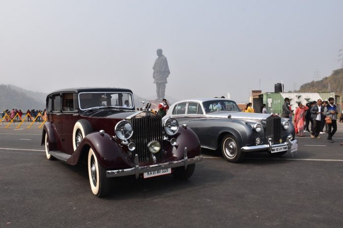 huge vintage car drive was held in the Statue of Unity