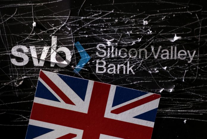 Illustration shows destroyed SVB (Silicon Valley Bank) logo and UK flag HSBC bought the UK branch of Silicon Valley Bank for just one pound