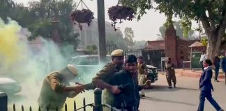 Two protestors protesting with colour smoke have been detained by the police