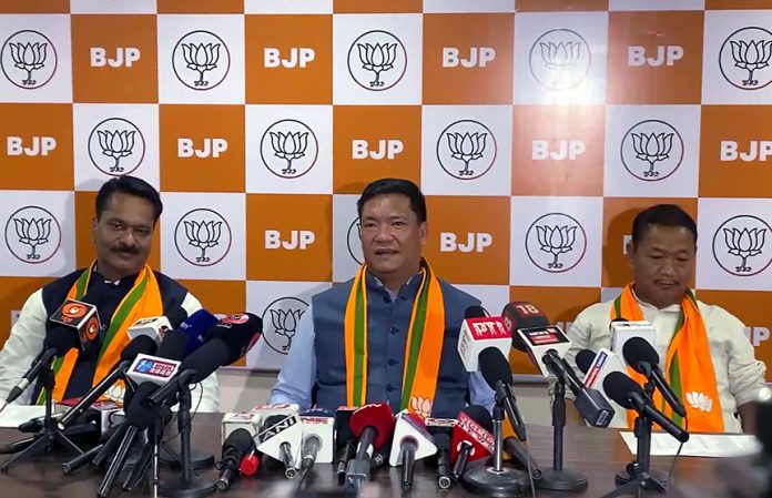 AP CM Pema Khandu addresses the press conference on BJP sweeps State Assembly election