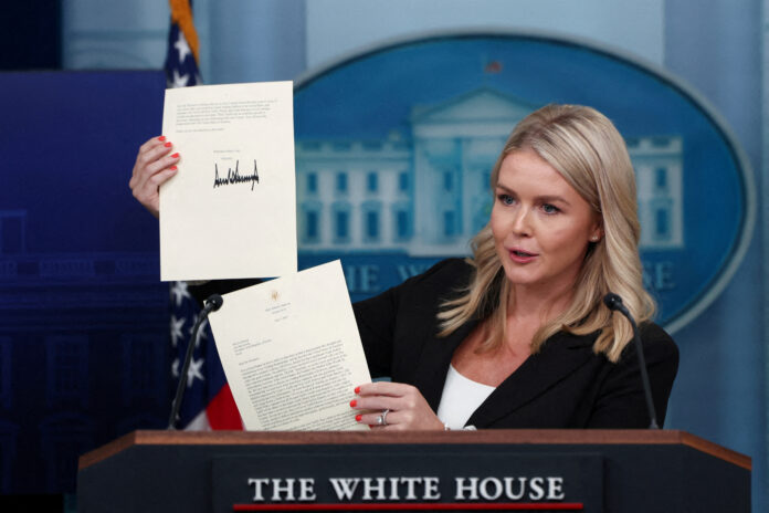 White House Press Secretary Leavitt holds a press briefing at the White House in Washington