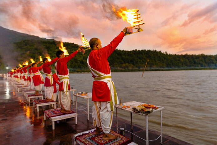 Ganga arthi in the holy city of Rishikesh in Uttarakhand, India to worship river Ganga / Ganges