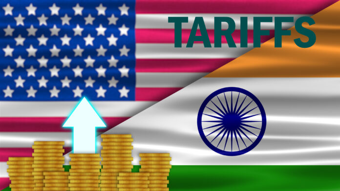 waving indian flag on usa flag with tariffs word and coins stack