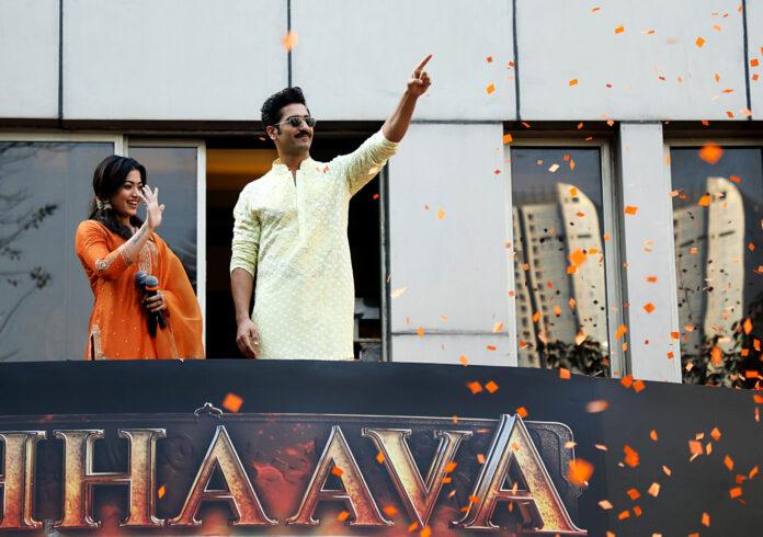 Vicky Kaushal, Rashmika Mandanna during a promotion event of 'Chhaava'
