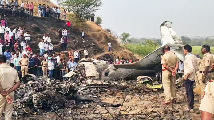 Wreckage of aircraft at the crash site at Baramati