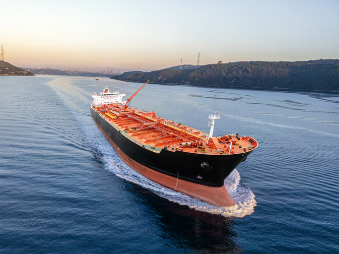 Crude oil tanker ship passing Bosphorus