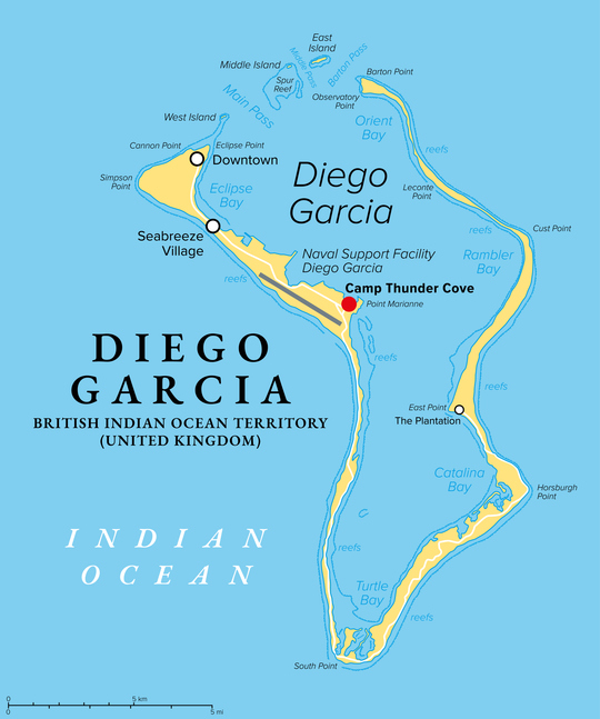 Diego Garcia, largest island of Chagos Archipelago, political map