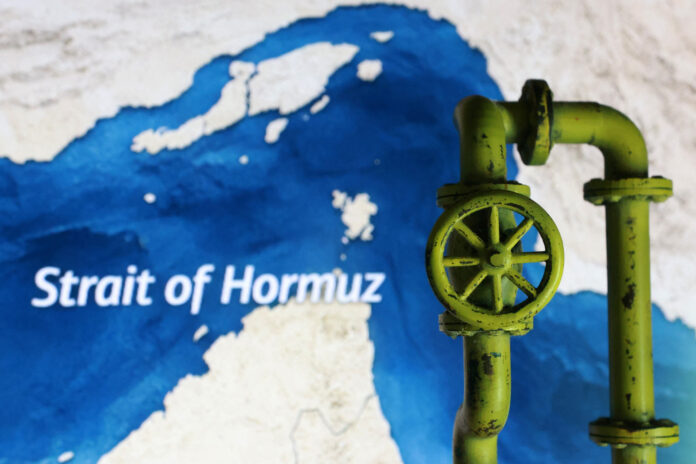 Illustration shows map showing the Strait of Hormuz and 3D printed oil pipeline